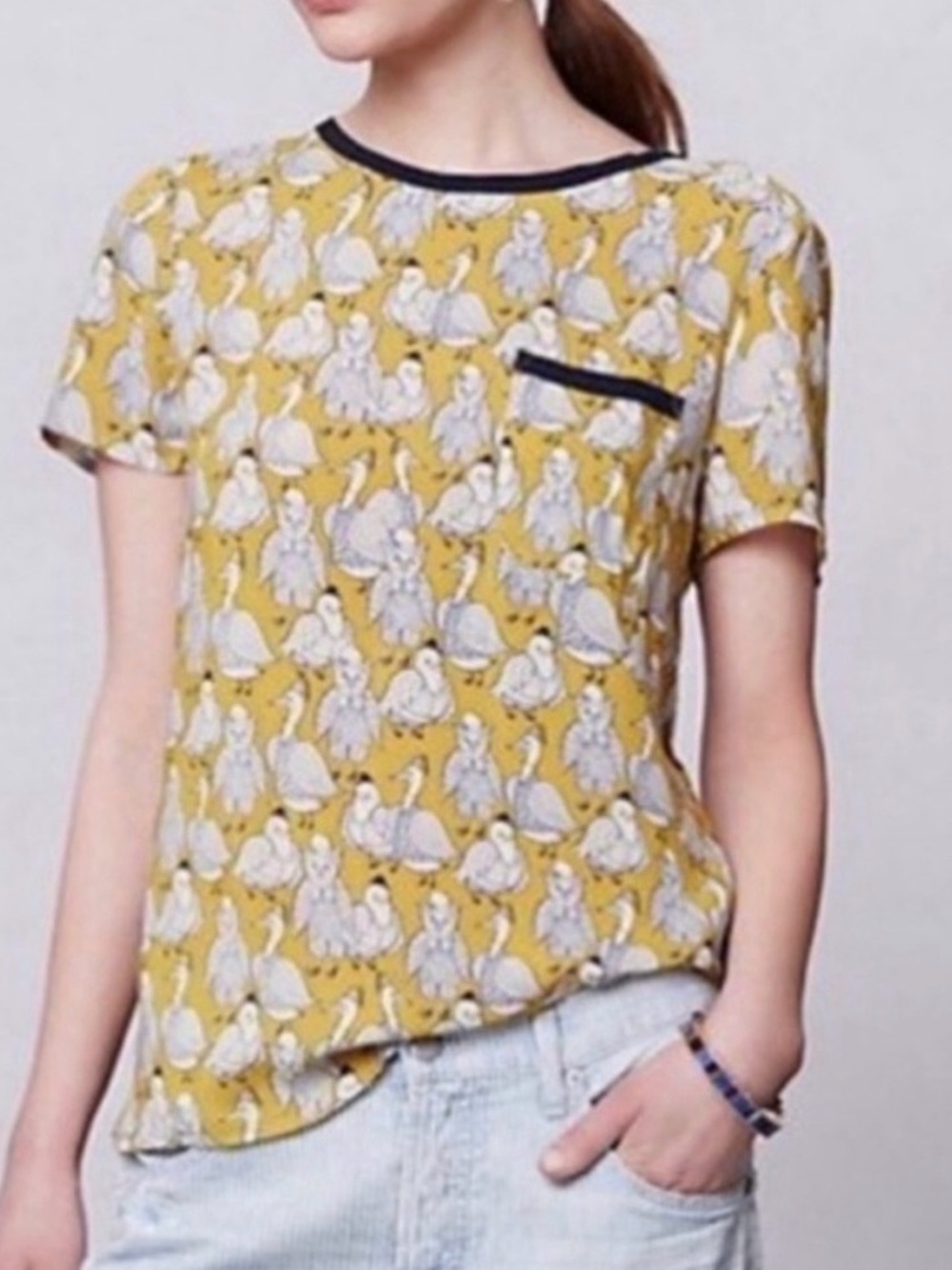 Anthropologie Yellow Short-Sleeve bird Print Tee with Trim